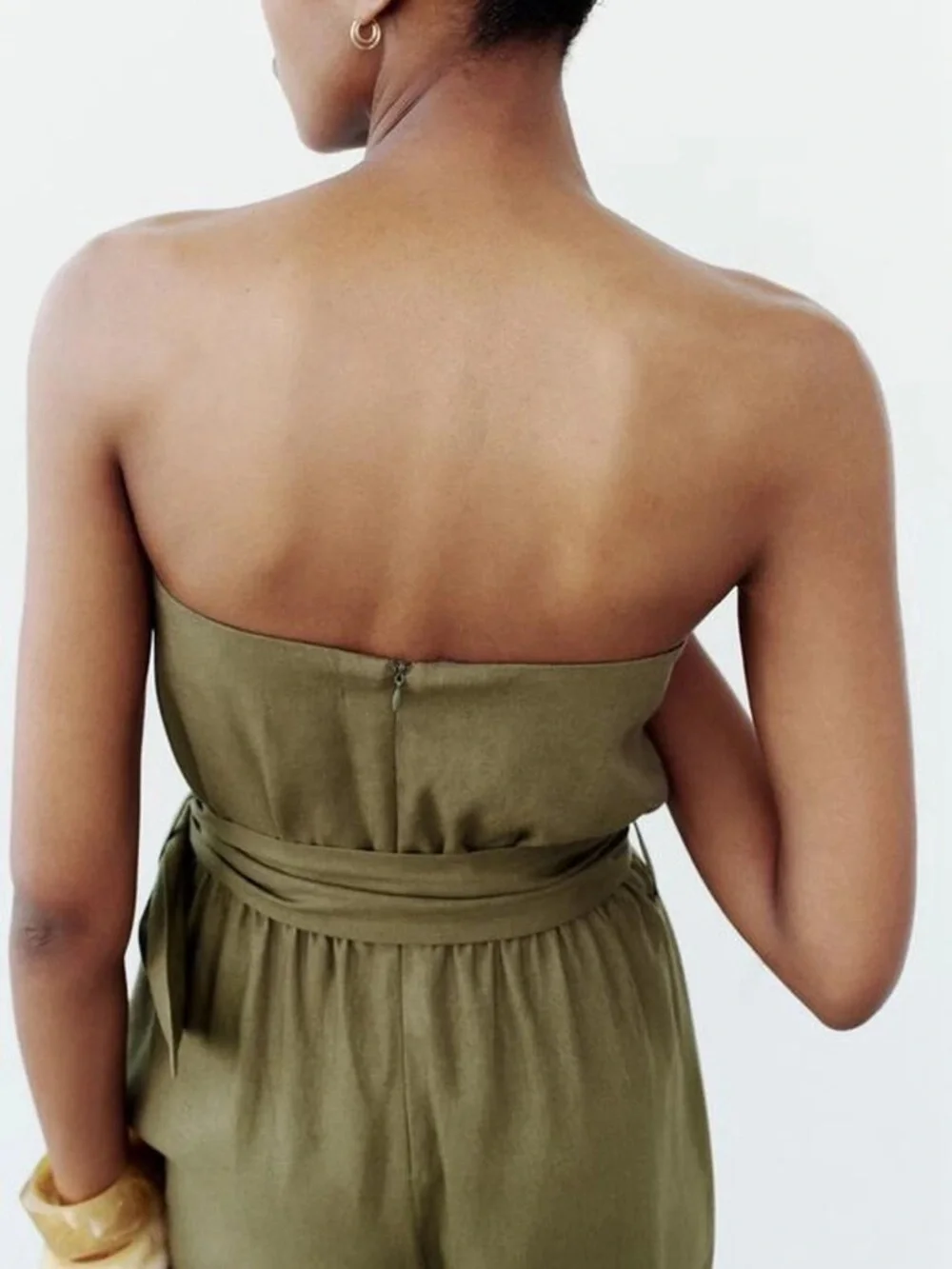 Zara Olive Green Strapless Belted Jumpsuit NWT Size Medium